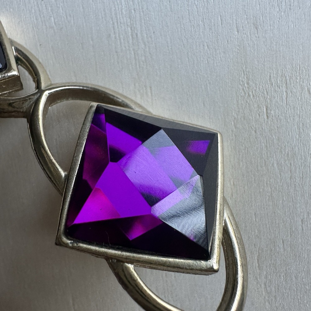 VTG Park Lane Accent Necklace 18 Inch Purple Square Facet Glass Bib Gold Signed - Picture 5 of 10